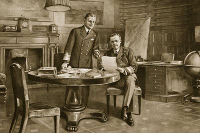 Het zenuwcentrum van de marine: Sir Eric Geddes en Sir Rosslyn Wemyss in de kamer van de Eerste Zeeheer door Charles Mills Sheldon